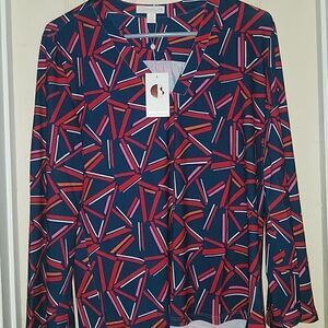 Cuddy Studios Women's Geometric Print Long Sleeves Blue/Red Top Size M NWT
